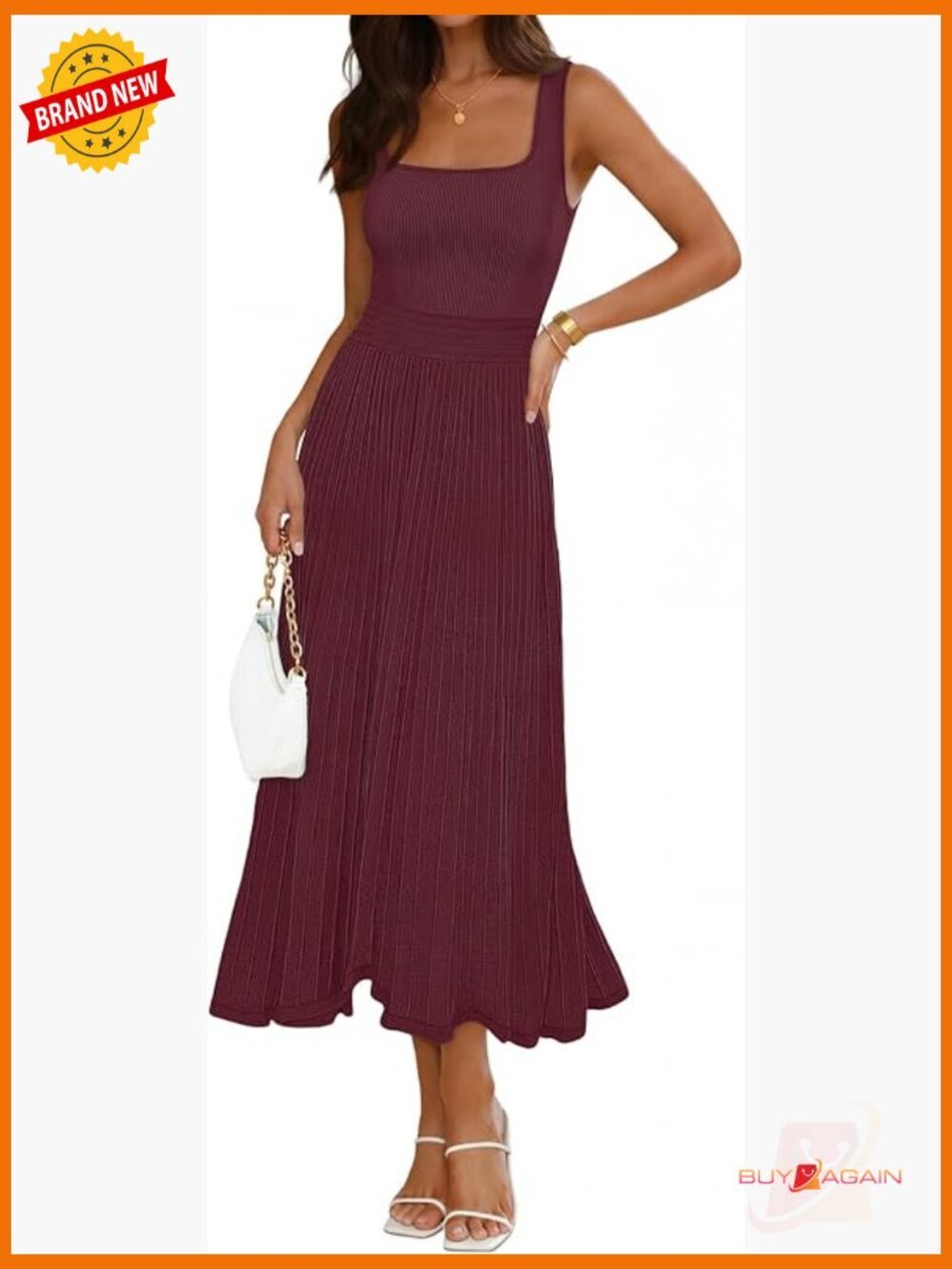 Sleeveless Square Neck Midi Dress Pleated A-Line Empire Waist Summer Work